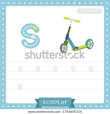 Letter S lowercase cute children colorful transportations ABC alphabet tracing practice worksheet of Scooter for kids learning English vocabulary and handwriting Vector Illustration.