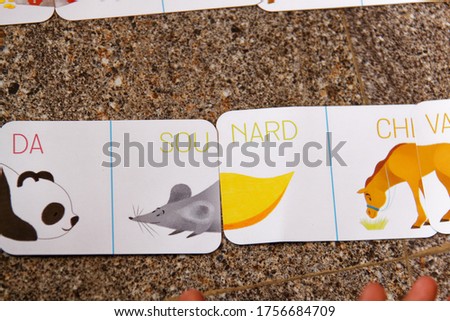 Close up of a card game with animals for kids 