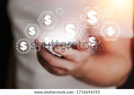 Human hand using mobile phone with online transaction illustration