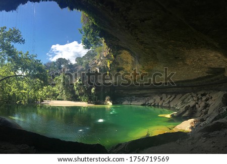 Hamilton Pool Preserve, in the Texas Hill Country. One of the most stunning Texas swimming holes and summer travel destinations. Royalty-Free Stock Photo #1756719569