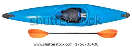top view of old style blue plastic whitewater kayak with a paddle, isolated on white Royalty-Free Stock Photo #1756735430