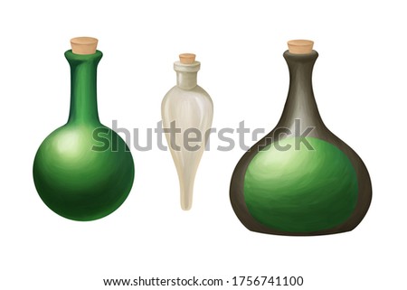 Glass green potion bottles set. Drawn clip on white background