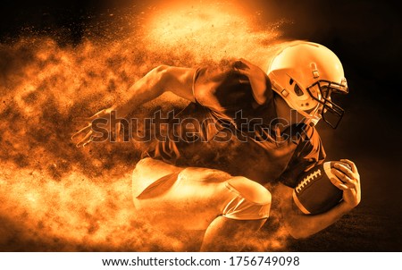 American football sportsman player with ball in dynamic action around splash drops. Sport, proud footballer in white helmet and red t-shirt ready to play.