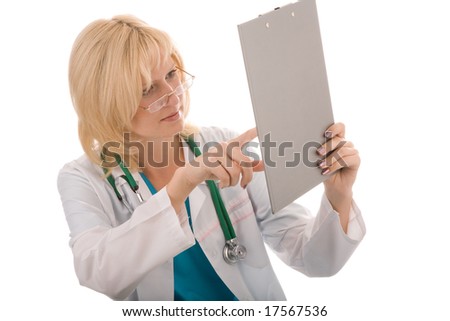 A beautiful young blond female doctor, dentist, nurse carrying medical files.