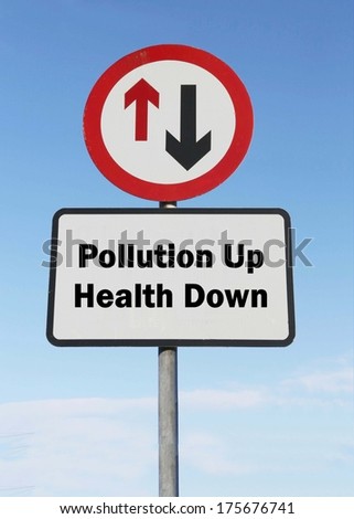 A red and white warning roadsign with a pollution up, health down concept. against a partly cloudy sky background