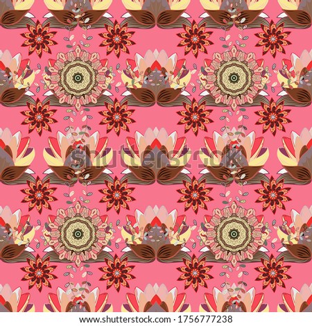 Multicolobrown, beige and pink elegant little flowers and funny bugs on a brown, beige and pink colors, vector texture, illustration.