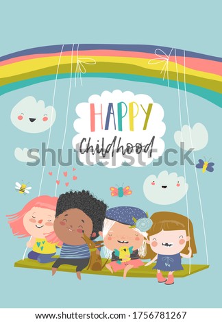 Happy kids flying on a swing on rainbow