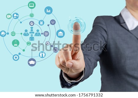 business, technology, internet and virtual reality concept - business woman pressing match button with fingerprint on virtual screen. Modern computer technology concept.