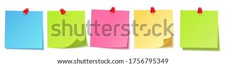 Realistic blank sticky notes isolated on white background. Colorful sheets of note papers with push pun. Paper reminder. Vector illustration.