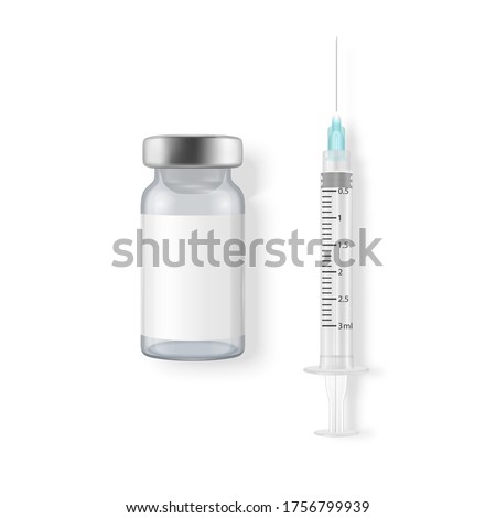Vector 3d Realistic Bottle and Syringe. Coronavirus Vaccine, Botox, Fillers, Injections, Hyaluronic Acid Closeup Isolated. Drug Ampoule Design Template, Mockup. Vaccination concept. Top View Royalty-Free Stock Photo #1756799939