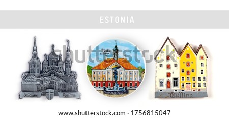 Souvenirs (magnets) from  Estonia (Tallinn and Tartu city) isolated on white background