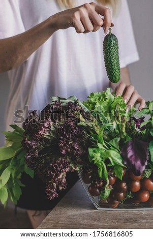 Woman hold bowl with fresh vegetables in her hands. organic and healthy food concept.