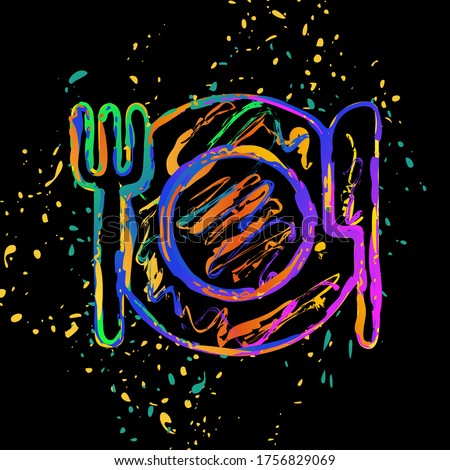 cutlery. plate fork and knife. simple silhouette. Colored ink with splashes on black background