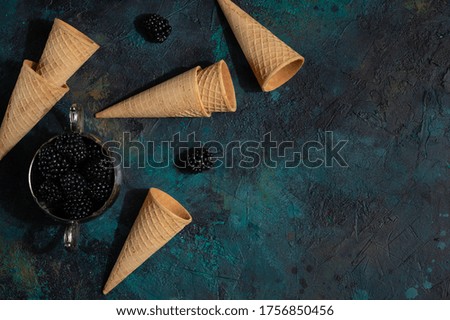 Waffle horns with blackberry berries with hard creative light with space for an inscription, creative photo
