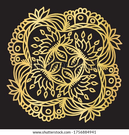 Gold metallic floral arabesque design element. Isolated decorative hand drawn foulard flower flourish. Lace mandala damask embroidery style