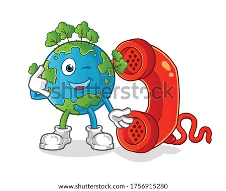 the earth with a large telephone cartoon. mascot vector illustration