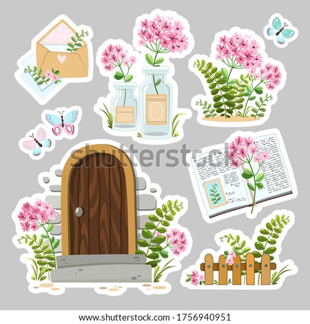 Vector set of cute stickers with delicate flowers, a book, a fern, butterflies, a letter, a bouquet of flowers in a jar. Valentine's Day, Anniversary, Save the Date, Wedding, Birthday