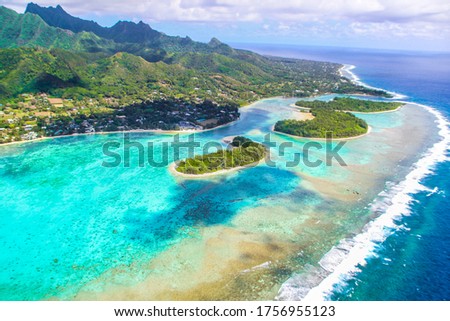 Rarotonga stunning breathtaking views from a plane of beautiful beaches, white sand, clear turquoise water, blue lagoons, green mountains, Cook islands, Pacific islands
 Royalty-Free Stock Photo #1756955123