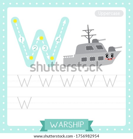 Letter W uppercase cute children colorful transportations ABC alphabet tracing practice worksheet of Warship for kids learning English vocabulary and handwriting Vector Illustration.