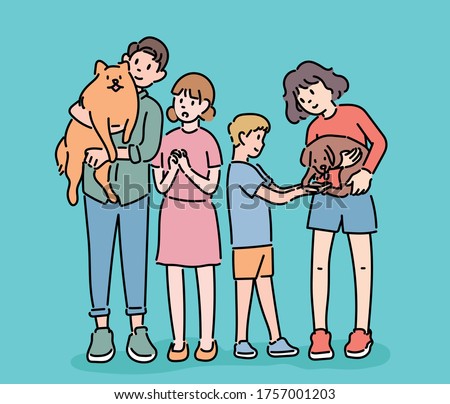 The children are holding the puppy. hand drawn style vector design illustrations. 