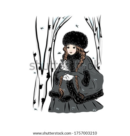 Girl walks in fur coat. Winter season. Merry Christmas. Child holds toy rabbit. Lady in vintage style from the nineteenth century. 