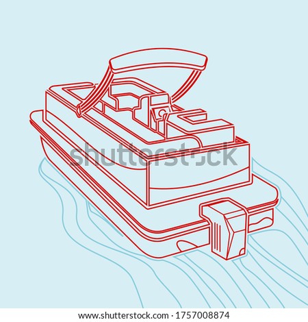Editable Three-Quarter Top Oblique Back View Pontoon Boat on Wavy Lake Vector Illustration in Outline Style for Transportation or Recreation Related Design