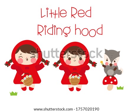 Set of characters Little Red Riding Hood cartoon girl and wolf: Fairytale Kawaii animals (Girly doodles). Perfect for Nursery kids, greeting card, baby shower girl, fabric design, Print t shirt.
