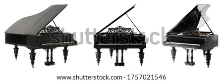 Black grand pianos on white background