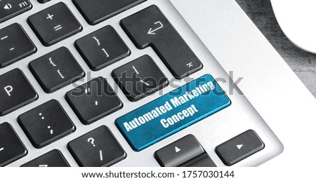 Modern laptop keyboard with text AUTOMATED MARKETING CONCEPT on button, closeup. Banner design