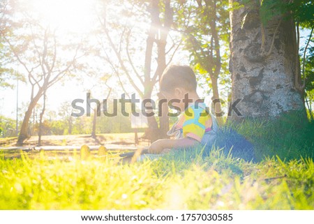 Little asian boy sitting on green grass under tree use tablet computer internet browser in citty park sunset light