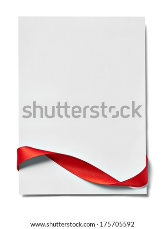 close up of a note card with ribbon bow on white background