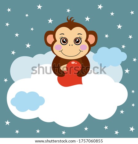 Illustration of cute monkey peeking out clouds in sky