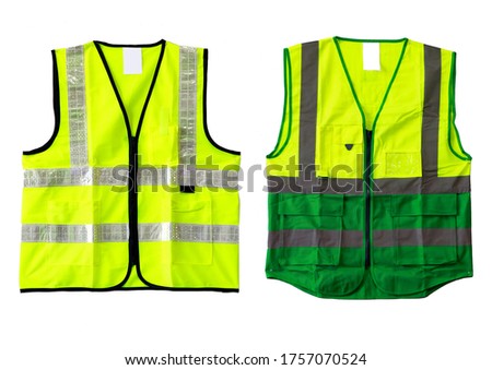 Safety Vest Reflective shirt beware, guard, mind, traffic shirt, safety shirt, rescue, police, security shirt protective jacket isolated on white background. green and yellow