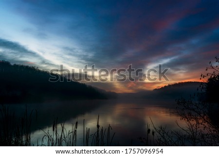 First light, autumn morning, Big Ditch Lake, Cowen, Webster County, West Virginia, USA