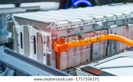 Electric car lithium battery pack and power connections Royalty-Free Stock Photo #1757106191
