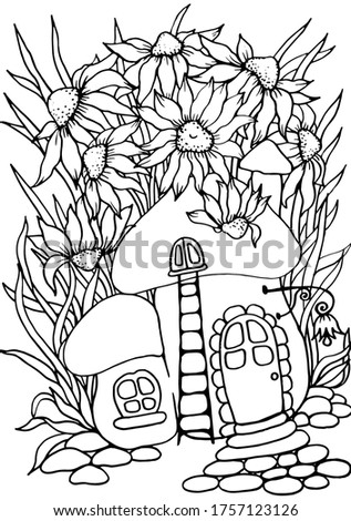 Fairy house with daisies, cute house, coloring pages for adults and children.