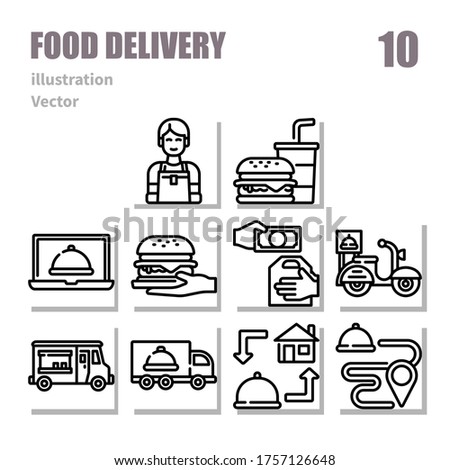 Food Delivery icons set, outline symbol, vector and illustration set 2