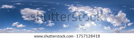 blue sky with beautiful fluffy clouds without ground. Seamless hdri panorama 360 degrees angle view for use in 3d graphics or game development as sky dome or edit drone shot