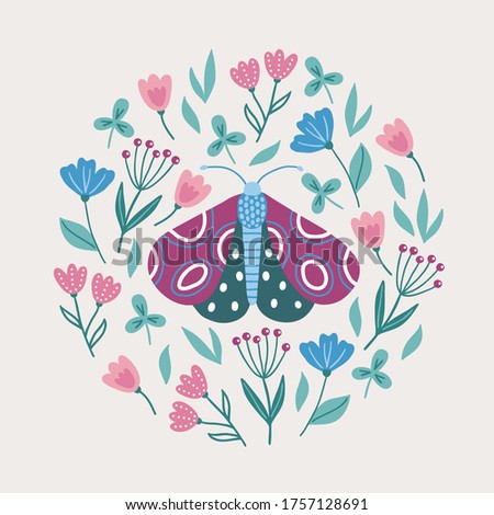 Floral greeting card with big moth, clover, berries, flowers, leaves on beige background. Isolated circle ornament. Perfect for spring and summer invitation, posters. Vector illustration