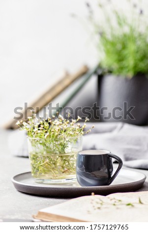 En espresso cup and books.  Still life photography 