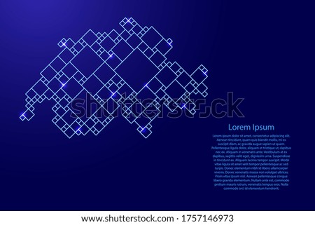 Switzerland map from blue pattern from a grid of squares of different sizes and glowing space stars. Vector illustration.