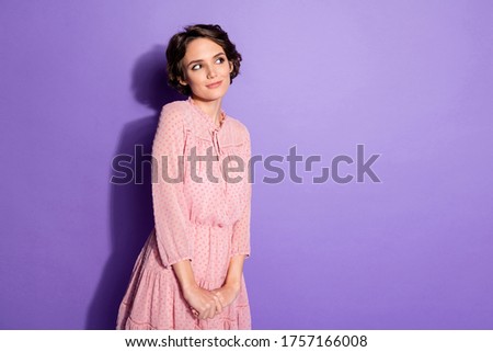 Portrait of her she nice-looking attractive lovely sweet lovable smart cute shy girl thinking clue isolated over bright vivid shine vibrant lilac violet purple color background Royalty-Free Stock Photo #1757166008