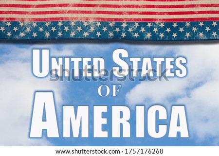 United States of America type message with retro USA stars and stripes burlap ribbon and sky