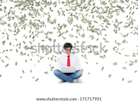 Working young man and one hundred dollars rain 2