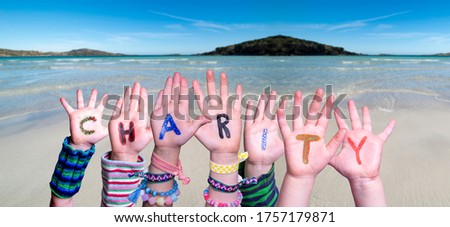 Children Hands Building Word Charity, Ocean Background
