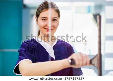 Attractive Woman Washing the Window with spray and rag