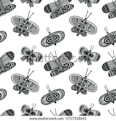 Vector seamless background with butterflies in doodle style.