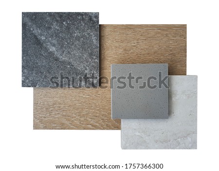 top view of interior material board contains black marble tile ,travertine bone tile ,grainy grey synthesis stone and wooden tile samples isolated on white background with clipping path. Royalty-Free Stock Photo #1757366300
