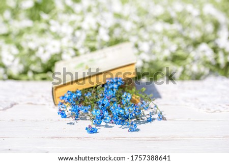 Open vintage book, blue forget-me-not flowers on wooden table, cozy morning in the village, sunny summer, holidays.Book of Batanica.