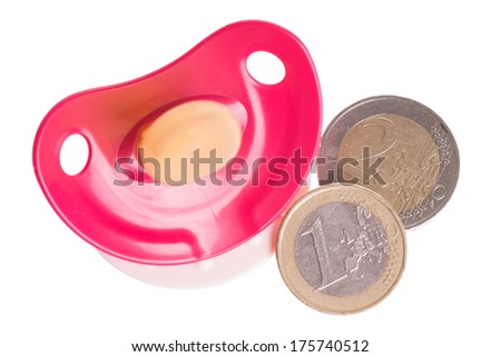 Pacifier and euro coins isolated over a white background / Expenses for a child